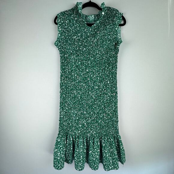 NWOT Shein Curve Women 2XLarge Smocked Floral Sleeveless Dress Green Ruffled - Picture 2 of 9